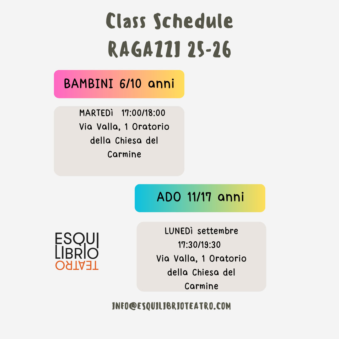 Corso BAMBINI-fascia primaria:
MARTEDI' dalle h 17.00 alle h 18.00 presso le sale dell'oratorio del Carmine, in Via Valla, 1, Pavia. Il corso è tenuto da Laura Casali ed Elisabetta Corona.
Corso ADOLESCENTI-fascia medie e superiori:
LUNEDI' dalle h 17.30 alle h 19.30 presso presso le sale dell'oratorio del Carmine, in Via Valla, 1, Pavia. Il corso è tenuto da Ludovica Taurisano e Arianna Busato.